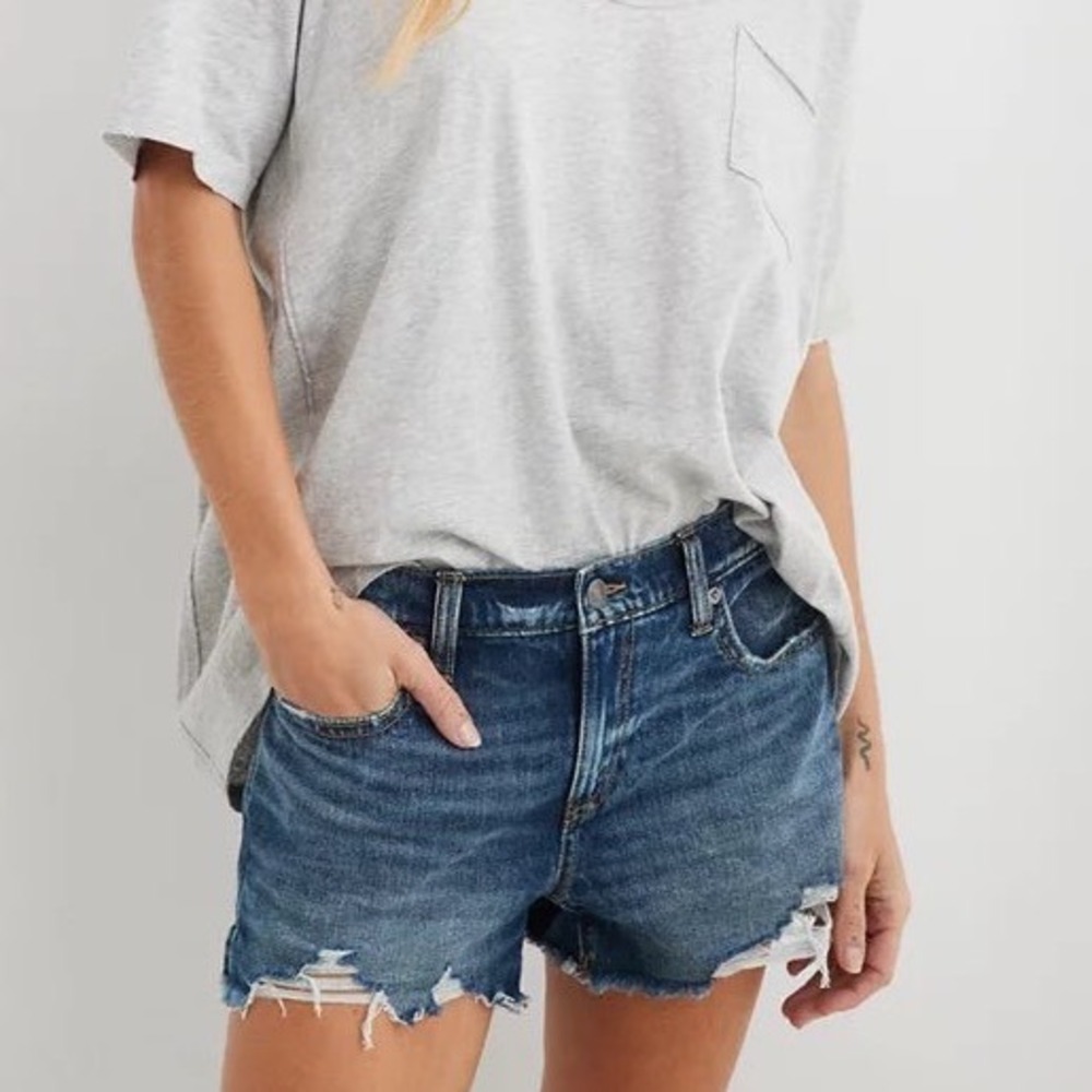 Aerie Womens Distressed Denim Shorts Dark Wash Elastic Back High Rise L
